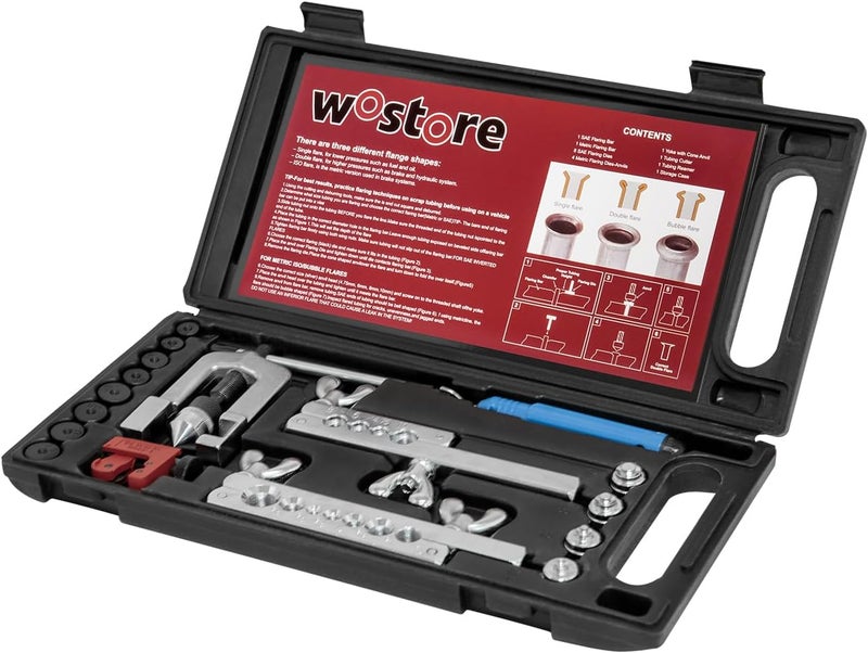 Wostore Professional Brake Line Flare Kit for Single, Double (SAE) Flares & Bubble (ISO) Flares with Tubing Cutter Pipe Reamer for 3/16-5/8" 7 Sizes - Image 1